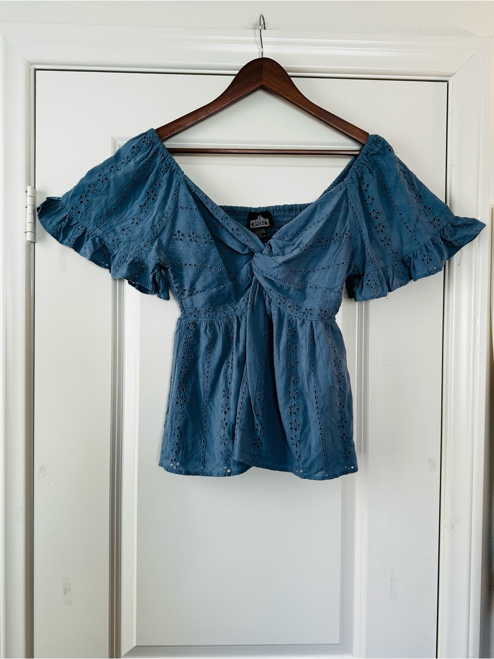 Blue Eyelet Peplum Top